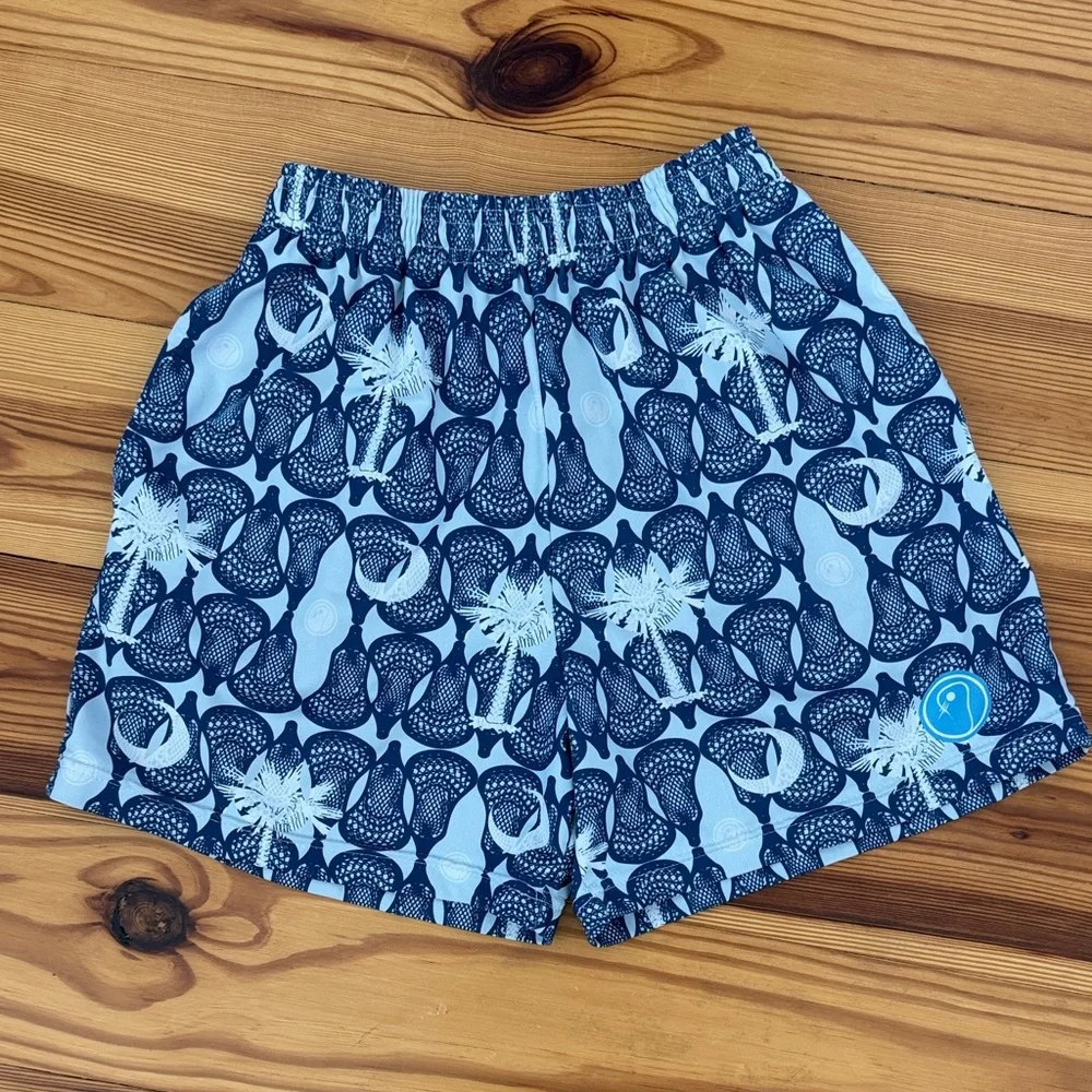EUC LaxSoHard Boys Large Navy Blue Patterned Shorts LAX Sticks Palm Trees SC - Picture 1 of 7